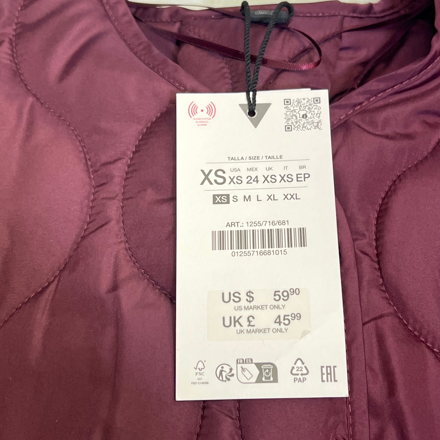 ZA@ ZARA Wavy Quilted Pattern Stitching Hoodless Coat Women's Sz XS Plum Purple