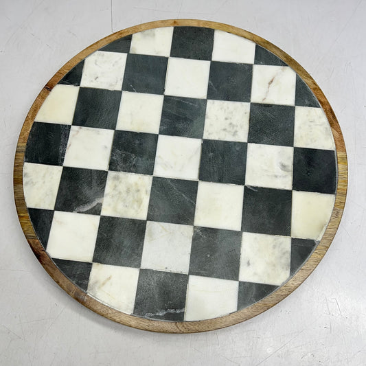 CREATIVE CO OP Mango Wood & Marble Check Lazy Susan 16" White, Black & Natural