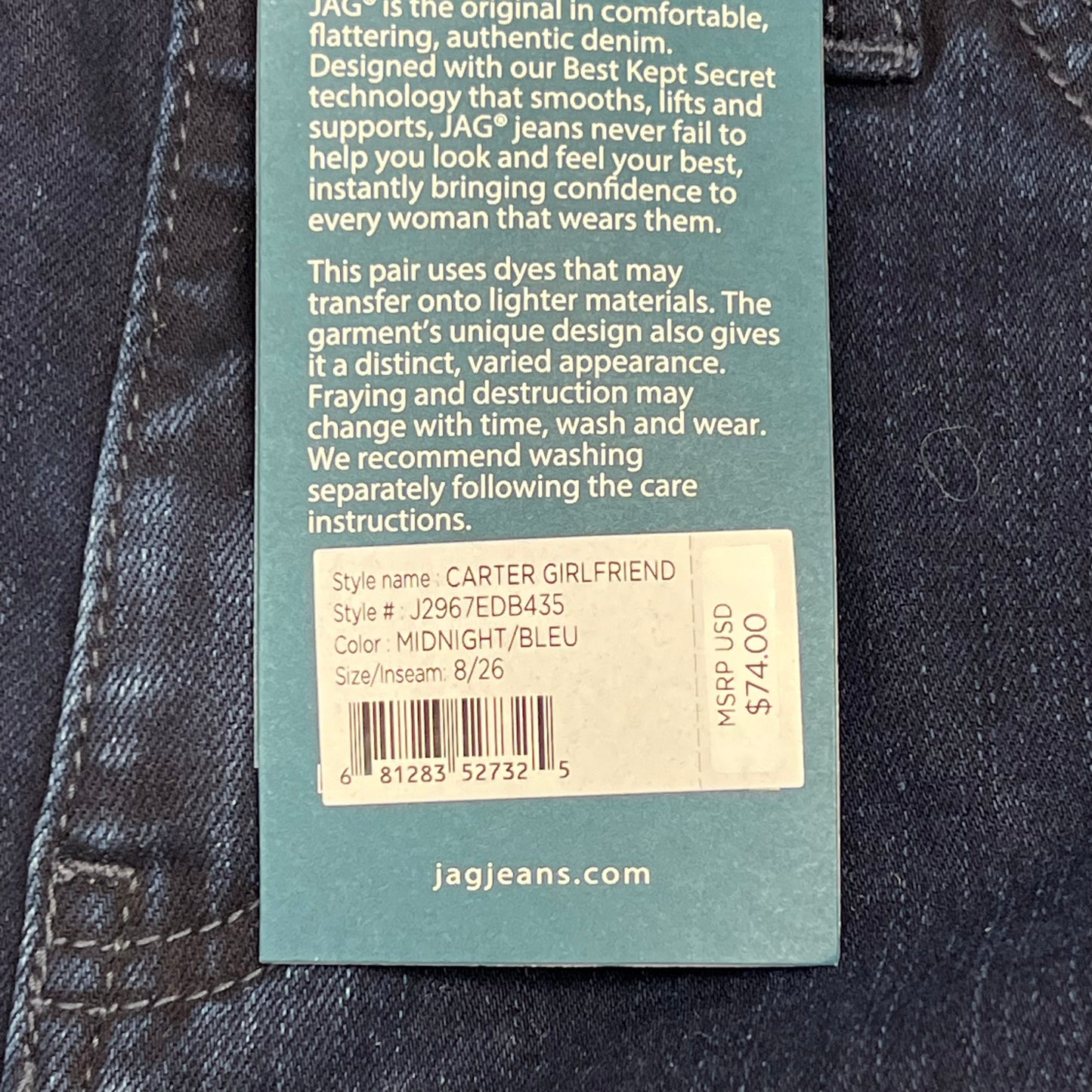 JAG Carter Girlfriend Jeans Elastic Waist Women's Sz 8/26 10" Mid-Rise Midnight