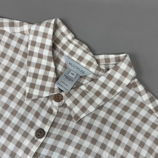 MULTIPLES Button-Up Plaid Shirt w/Cuff Petite Women's Sz PXL Brown/Cream M44506BP