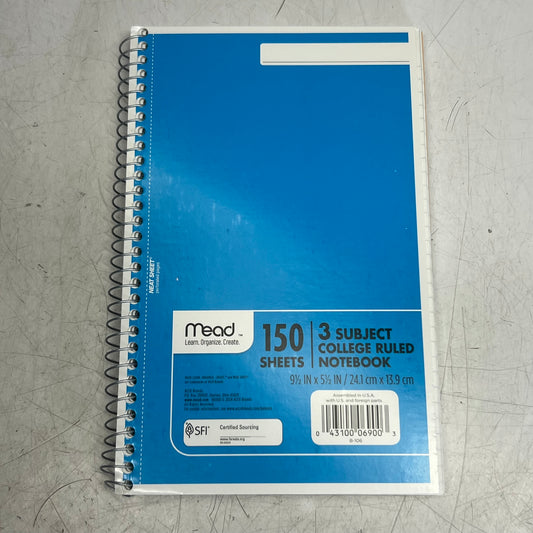 MEAD (4 PACK) 150 Sheets 3 Subject College Ruled Notebook 9 1/2" x 5 1/2" 06900
