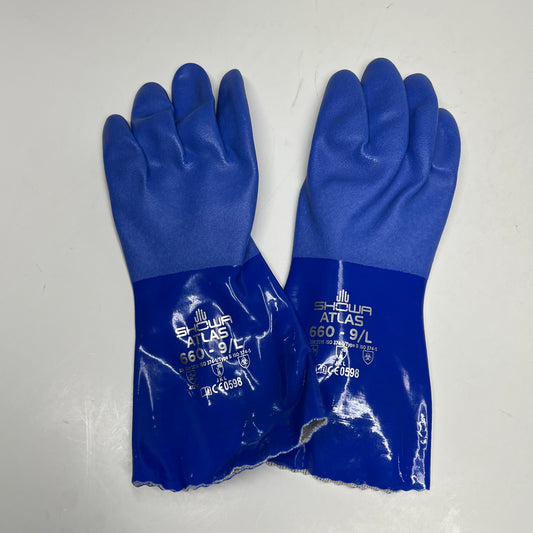 SHOWA Atlas 660 Rough Finish Triple Dipped Pvc Coating Gloves Unisex Sz L Blue