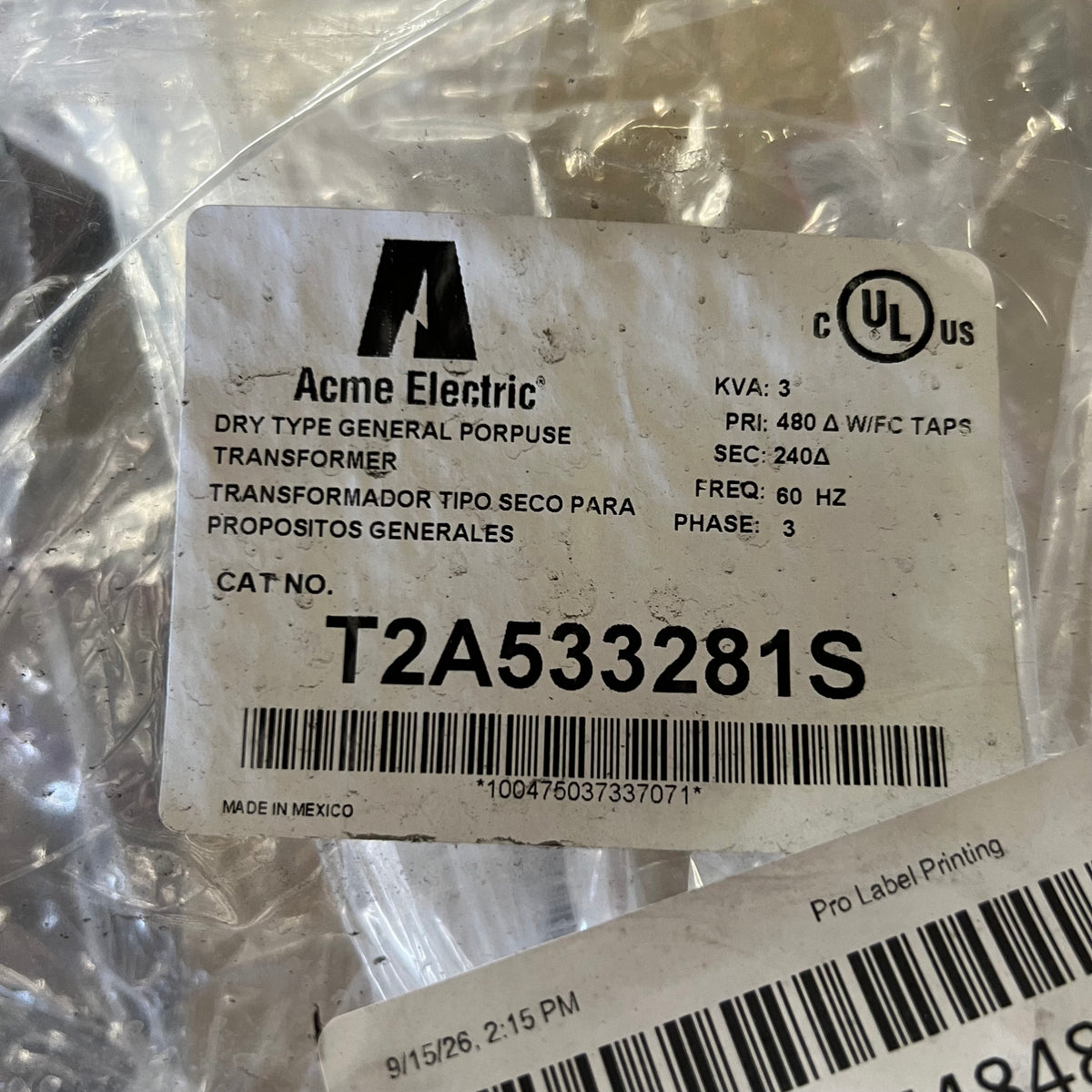 ACME ELECTRIC Dry Type Transformer 3kVA 480V to 340V 3-Phase-Cat Grey T2A533281S