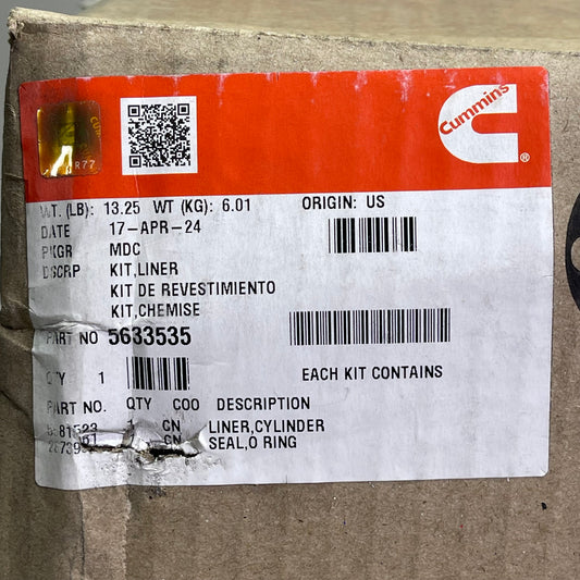 CUMMINS Genuine Cummins Engine Cylinder Liner Kit 17"x34"x18" Brass 5633535