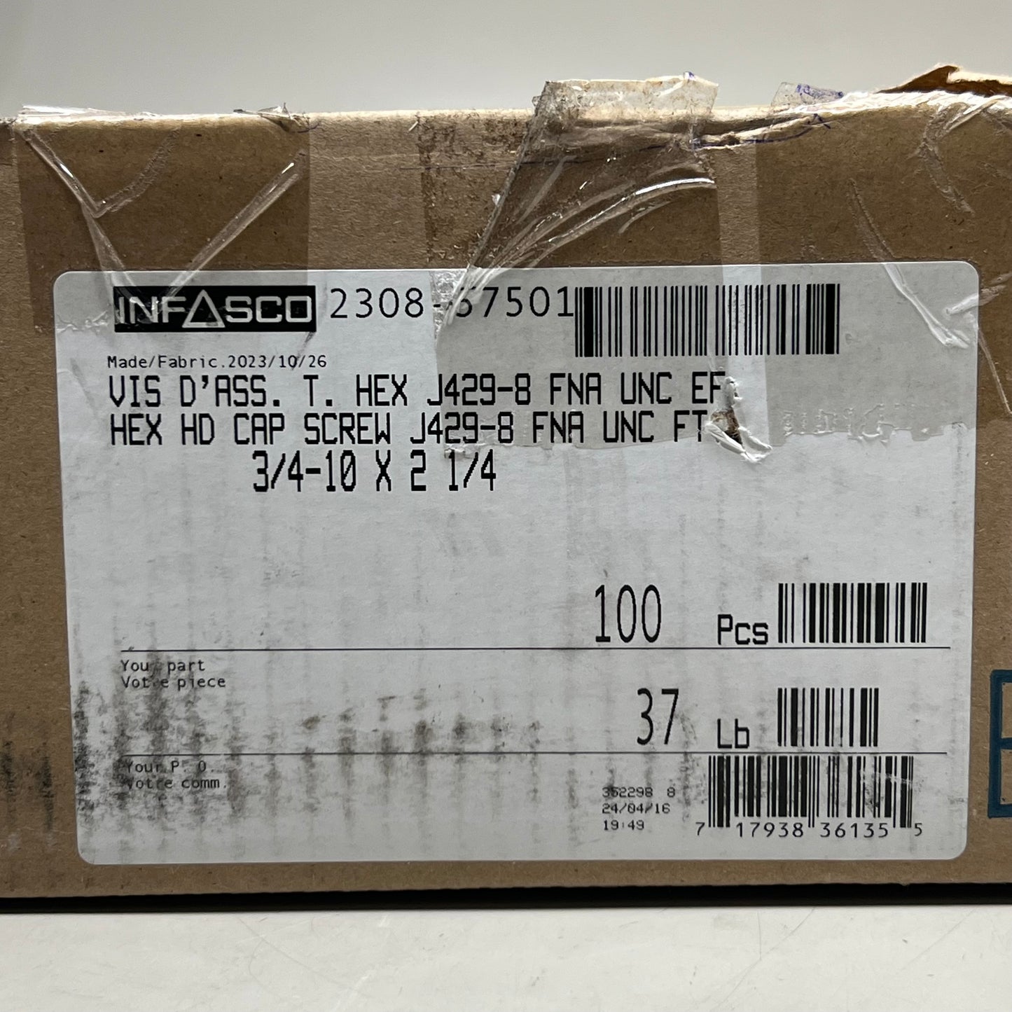 INFASCO (100 Pcs) Hex HD Cap Screws Sz 3/4-10 x 2 1/4, Black J429-8