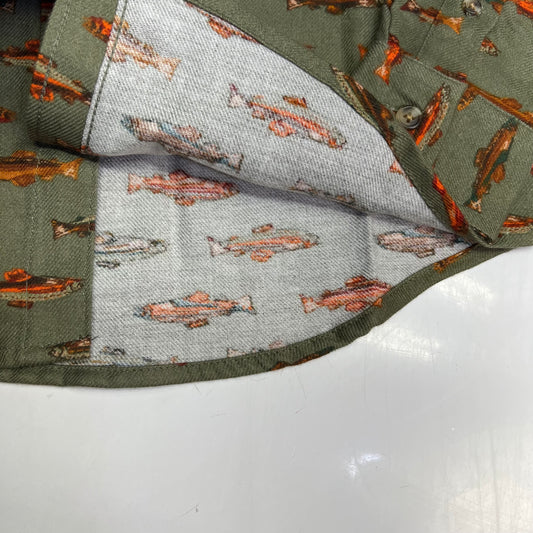 OLD NAVY Printed Fish Pattern Long Sleeve Fennel Pocket Shirt Boy's Sz XS Green