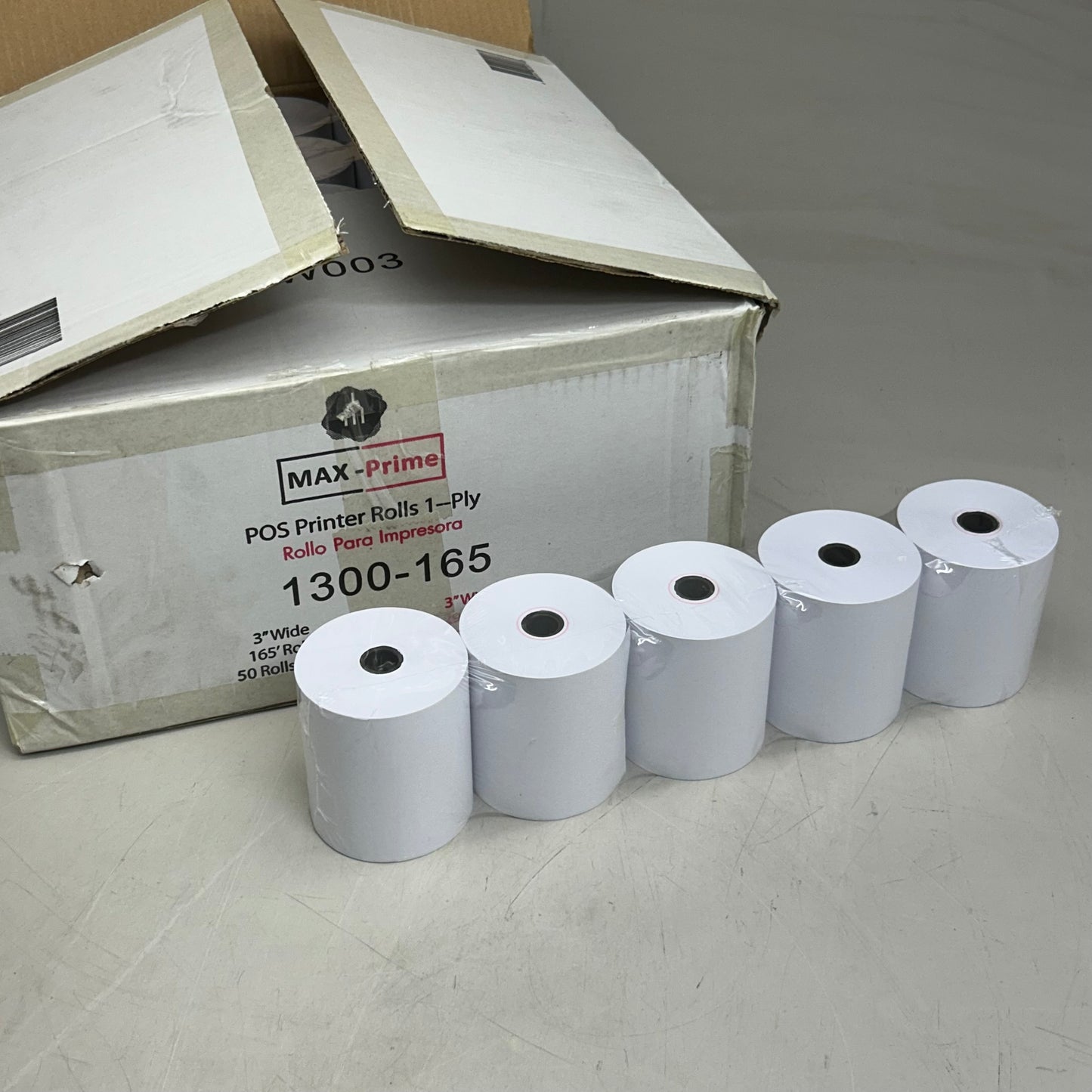 MAX-PRIME (50 Rolls) POS 1-Ply Printer Rolls 3"x165' White 1300-165 (Distressed Package)