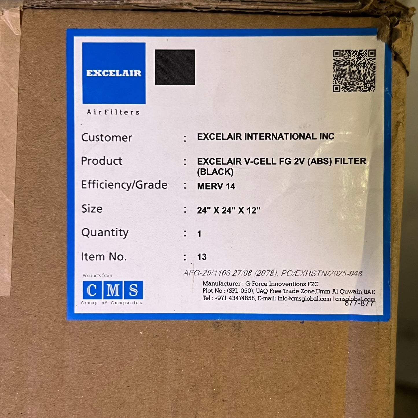 ZA@ EXCELAIR Air Filter V-CELL FG 2V Sz 24" x 24" x 12" (AS-IS, A Little Damage in the Corners)