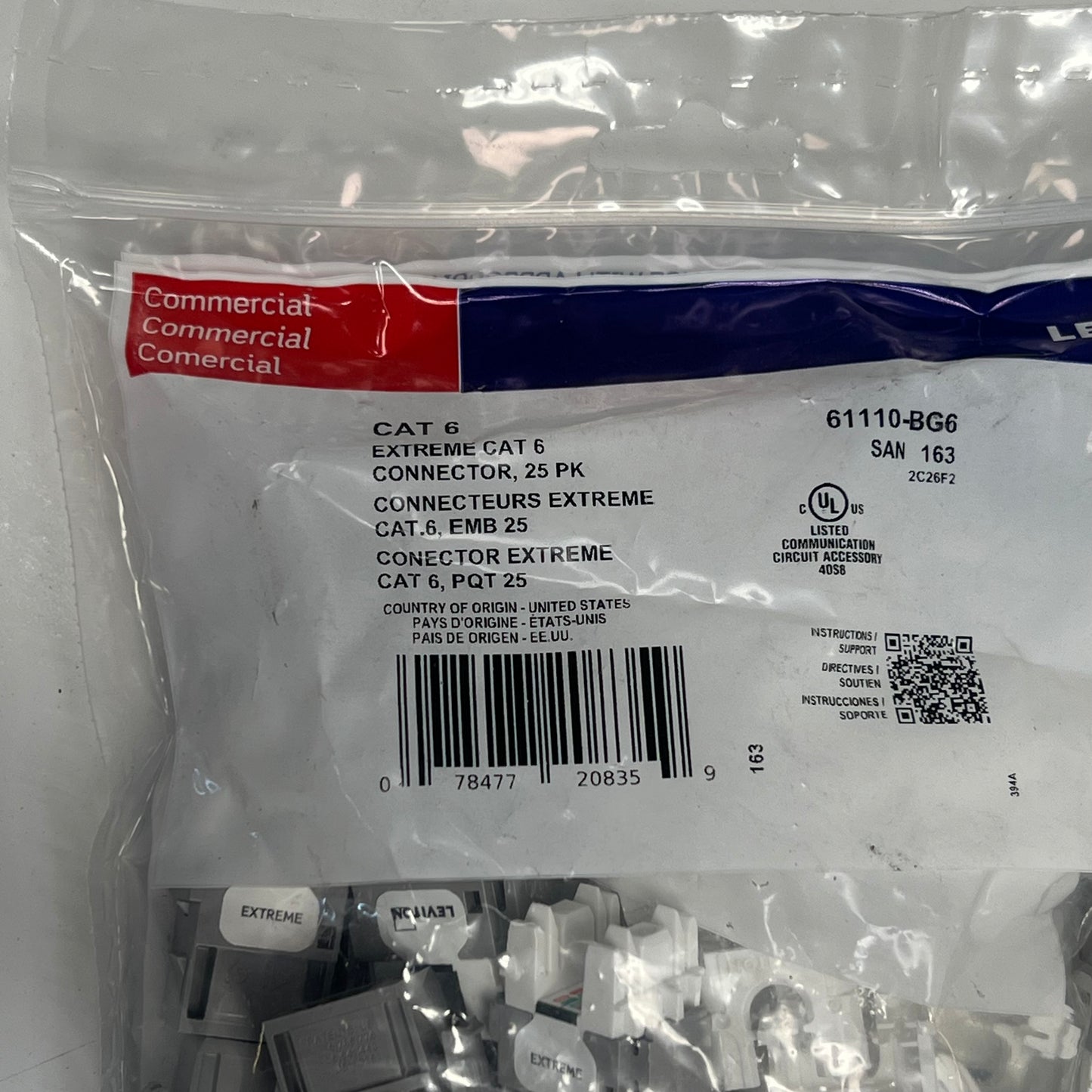 LEVITON (25 PACK) Extreme Cat 6 Quickport Jack Quickpack Gray 61110-BG6