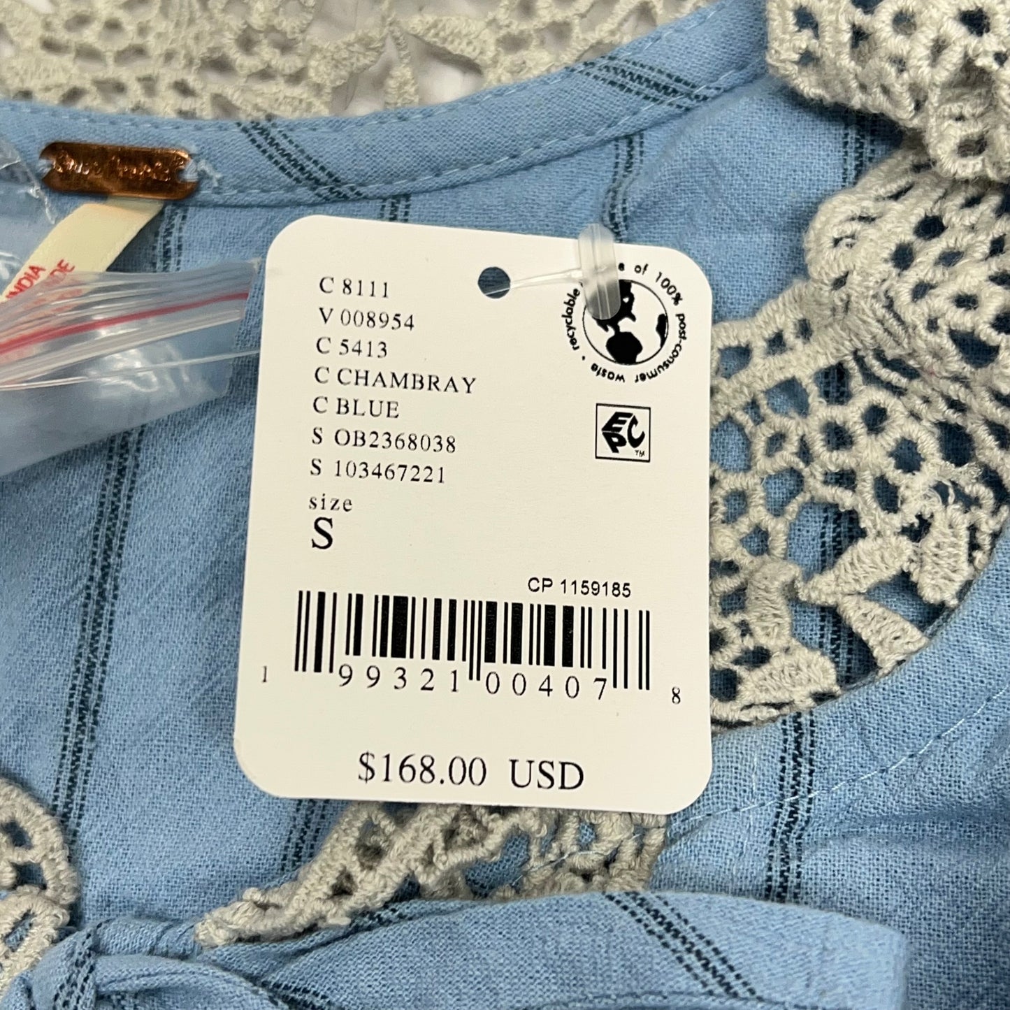 FREE PEOPLE Bali Jude Embroidered Lace Top Women's Sz S Chambray 103467213