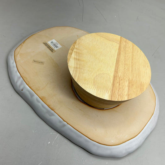 BLOOMINGVILLE Stoneware Pedestal W/ Acacia Base 14" Length White AH3538