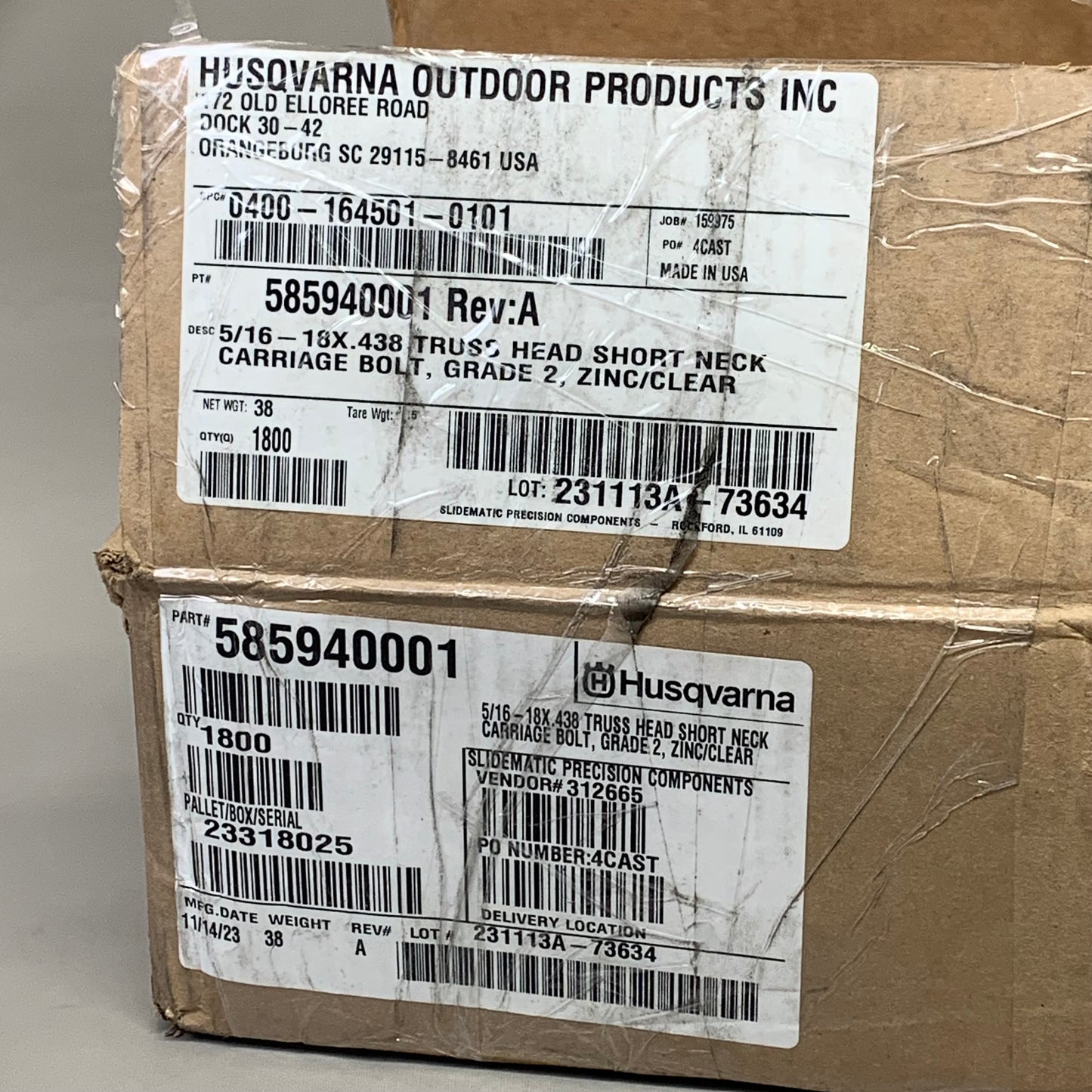 HUSQVARNA (1800) Short Neck Carriage Bolts 5/6"-18x.438 Silver 585940001