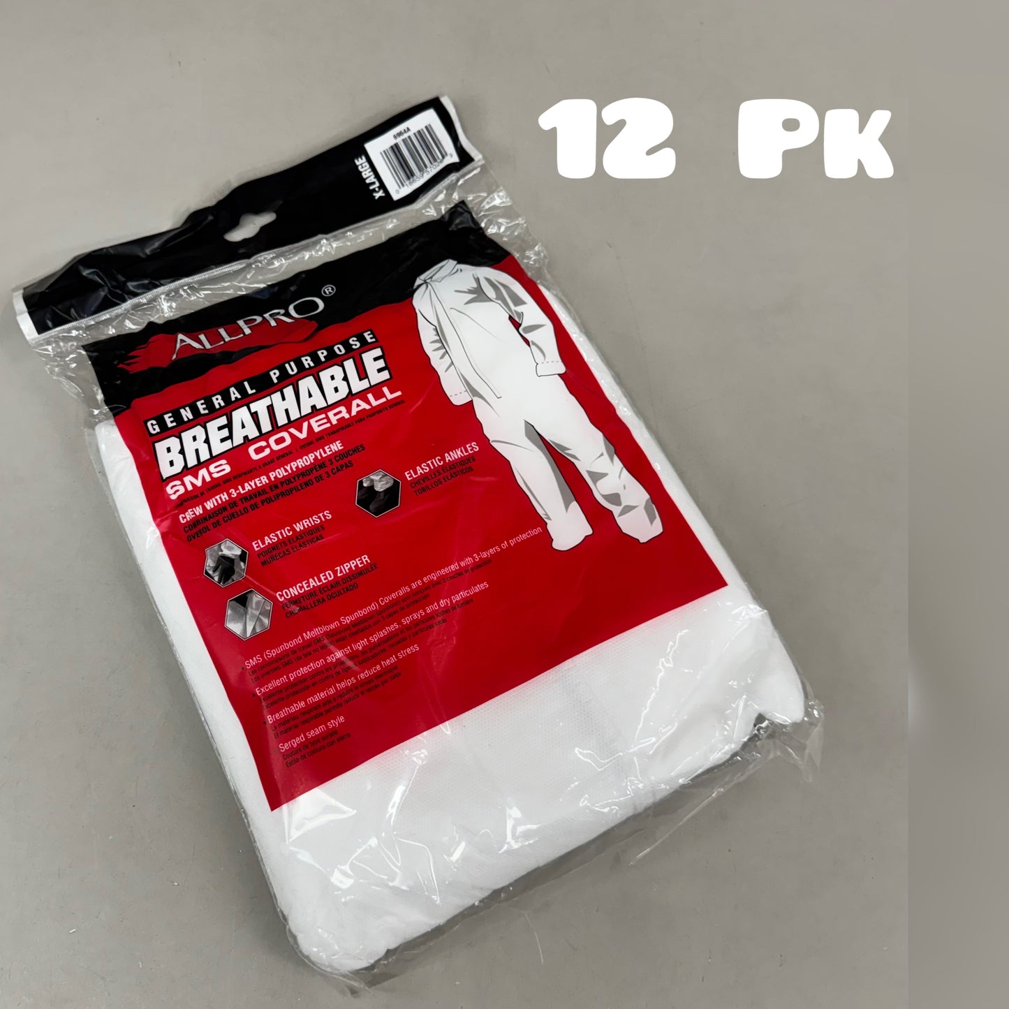 GENERAL PURPOSE (12 Pk) Breathable Sms Coverall Crew SZ XL White 6964A W/ 3-layer Polypropylene