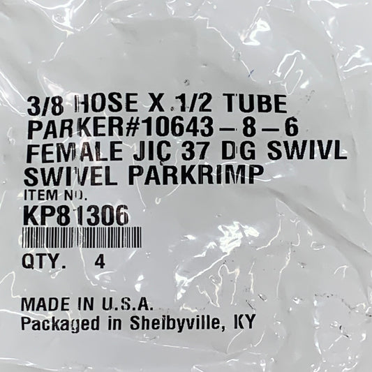PARKER (4 PACK) Hydraulic Hose Female JIC 37° Swivel 3/8" x 1/2" Steel KP81306