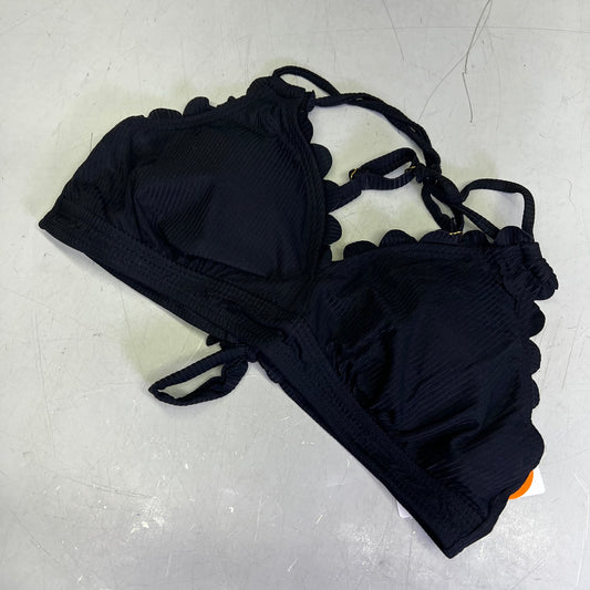 CHARMO Scalloped High Waist Tummy Control Bikini UPF 50 Women's Sz L Black