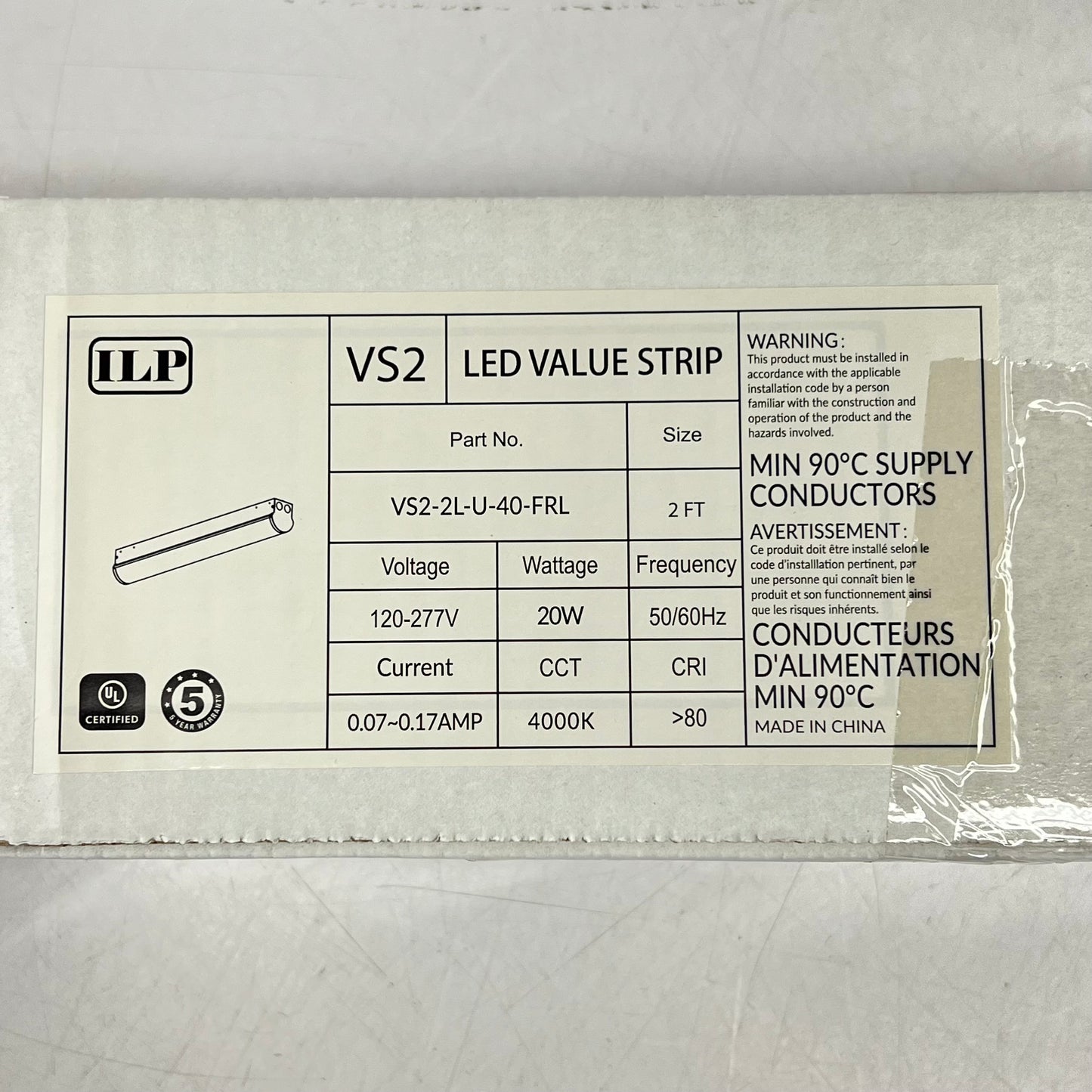 ILP LIGHTING Linear Strip Light 2' 20W Frosted Acrylic White VS2-2L-U-40-FRL