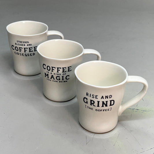 CREATIVE CO-OP Set Of 6 Stoneware Mug w/ Wax Relief Coffee Sayings 6 Styles 12oz White/Black DF9620A