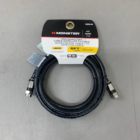 MONSTER (2Pack) RG6 Quad Coax Satellite Tv Cables 6ft, 12ft Black 140036-00,140030-00