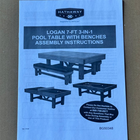 Z@ HATHAWAY LOGAN 7-ft Pool Table Combo Set w/ Benches, Rustic Gray w/ Blue Felt BG50348 (New, Damaged Box)
