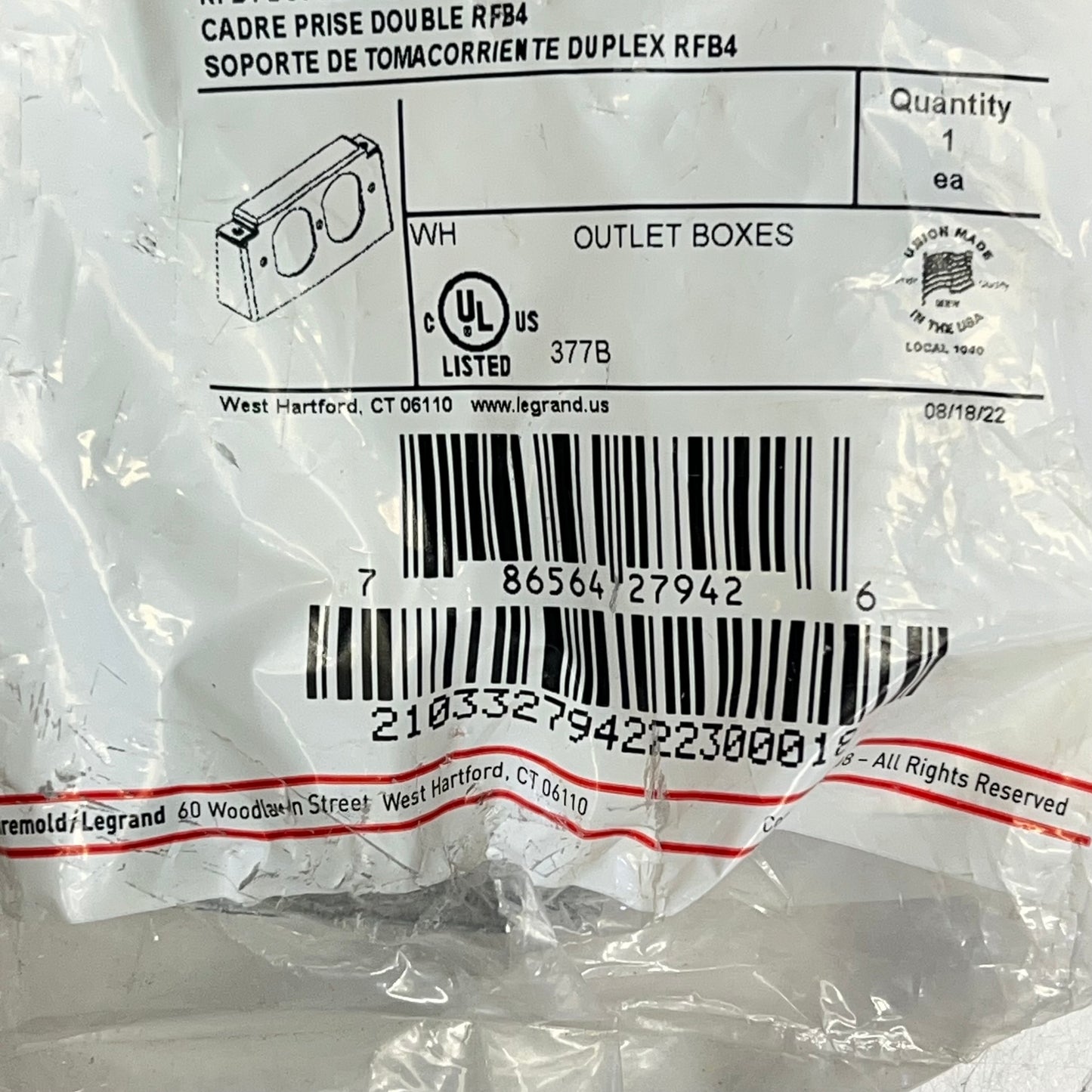 WIREMOLD Rfb4 Series Internal Duplex Bracket Standard 15 AMP & 20 Silver RFB-DR