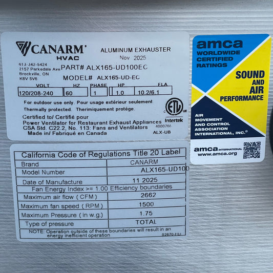 CANARM HVAC Up Last Roof Exhaust Fan 16.5” ALUMINUM ALX165-UD100EC