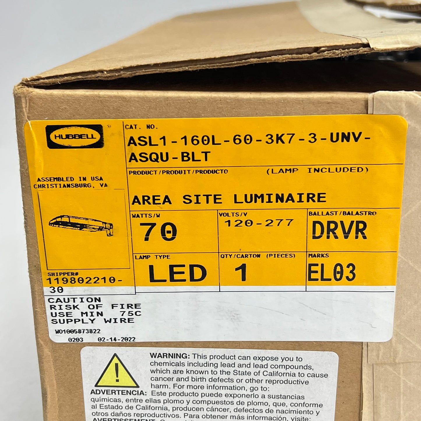 HUBBELL Area Site Luminaire 70W 120V Black ASL1-160L-60-3K7-3-UNV-ASQ-BLT