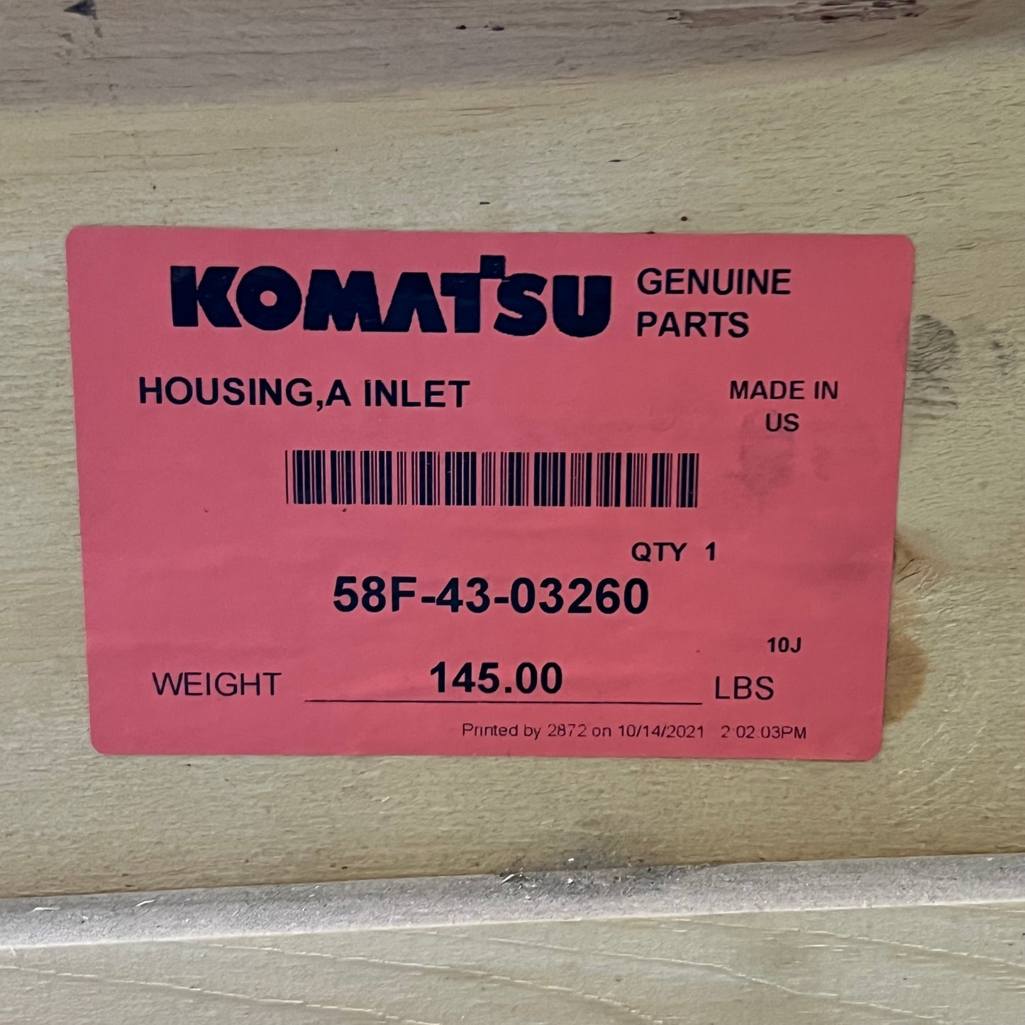 KOMATSU Housing a Inlet Sz 41.5" D x 8.5" H, Grey 58F-43-03260