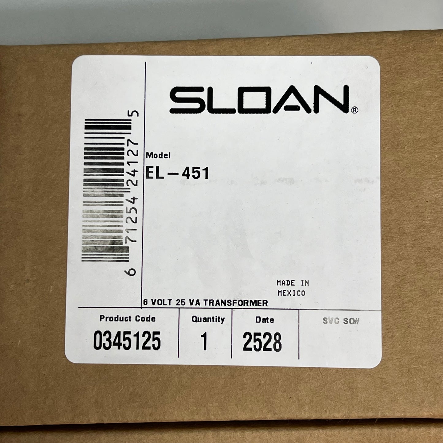 SLOAN Electrical Transformer 6V 25VA For ES-S Flushometers EL-451 0345125