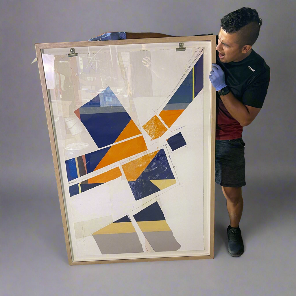 ZA@ LARGE Framed Print of Abstract Geometric Art Sz 58”T x 40”W Blue / Orange / Yellow / Grey A