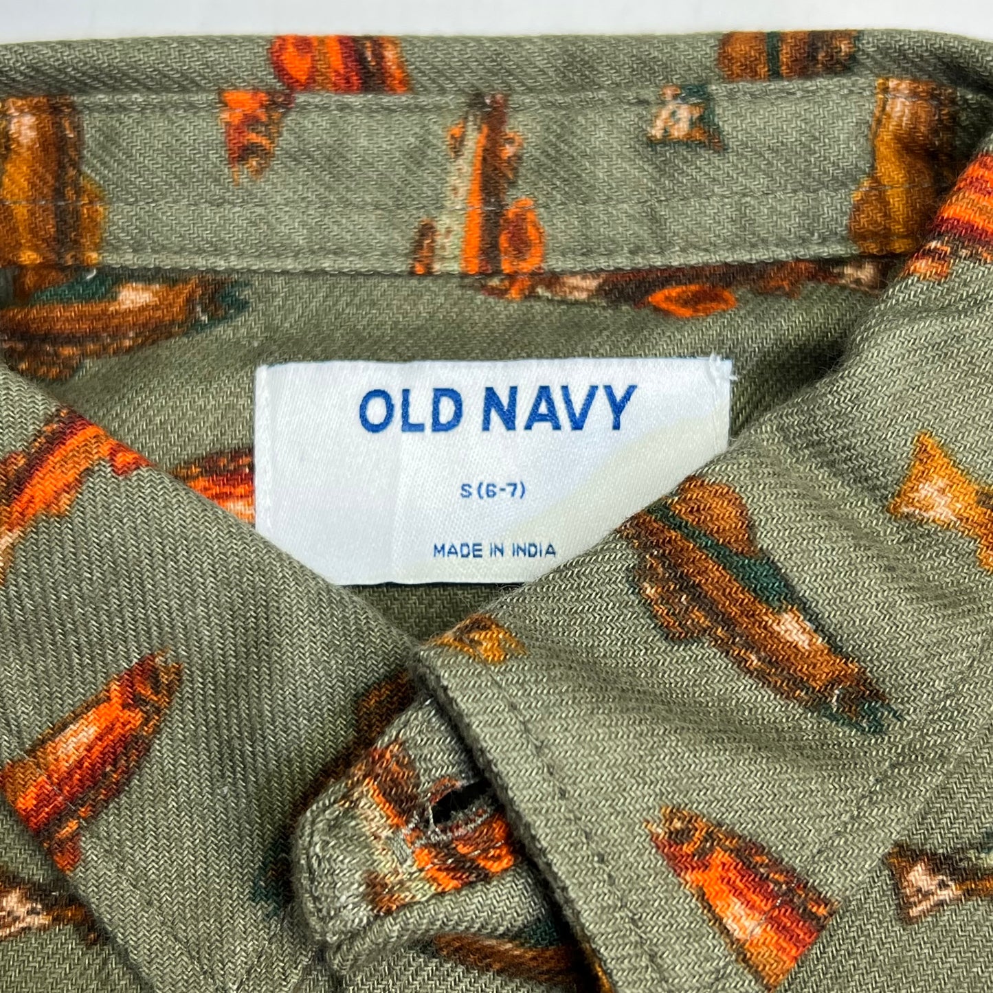 OLD NAVY Printed Fish Pattern Long Sleeve Fennel Pocket Shirt Boy's Sz S Green