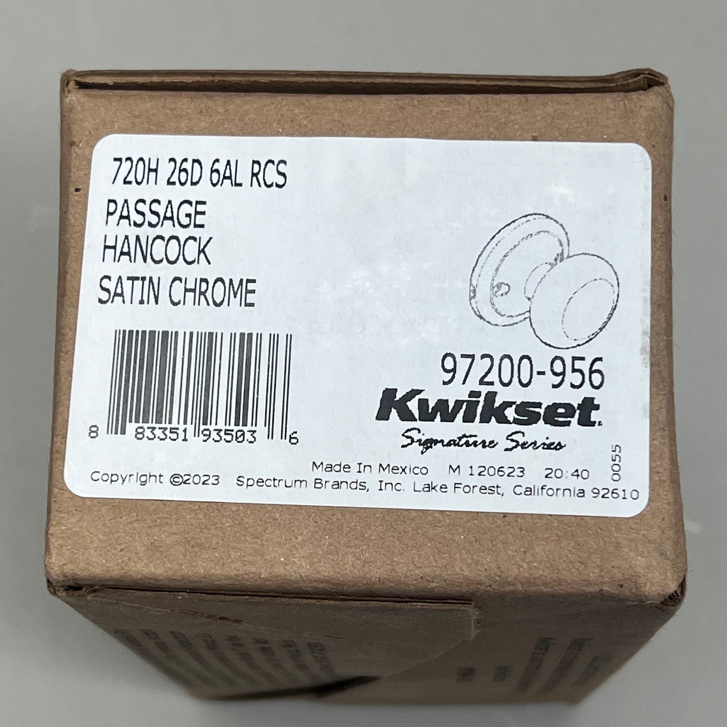 KWIKSET Passage Hancock Door Lock Knob 720H 26D Satin Chrome 97200956