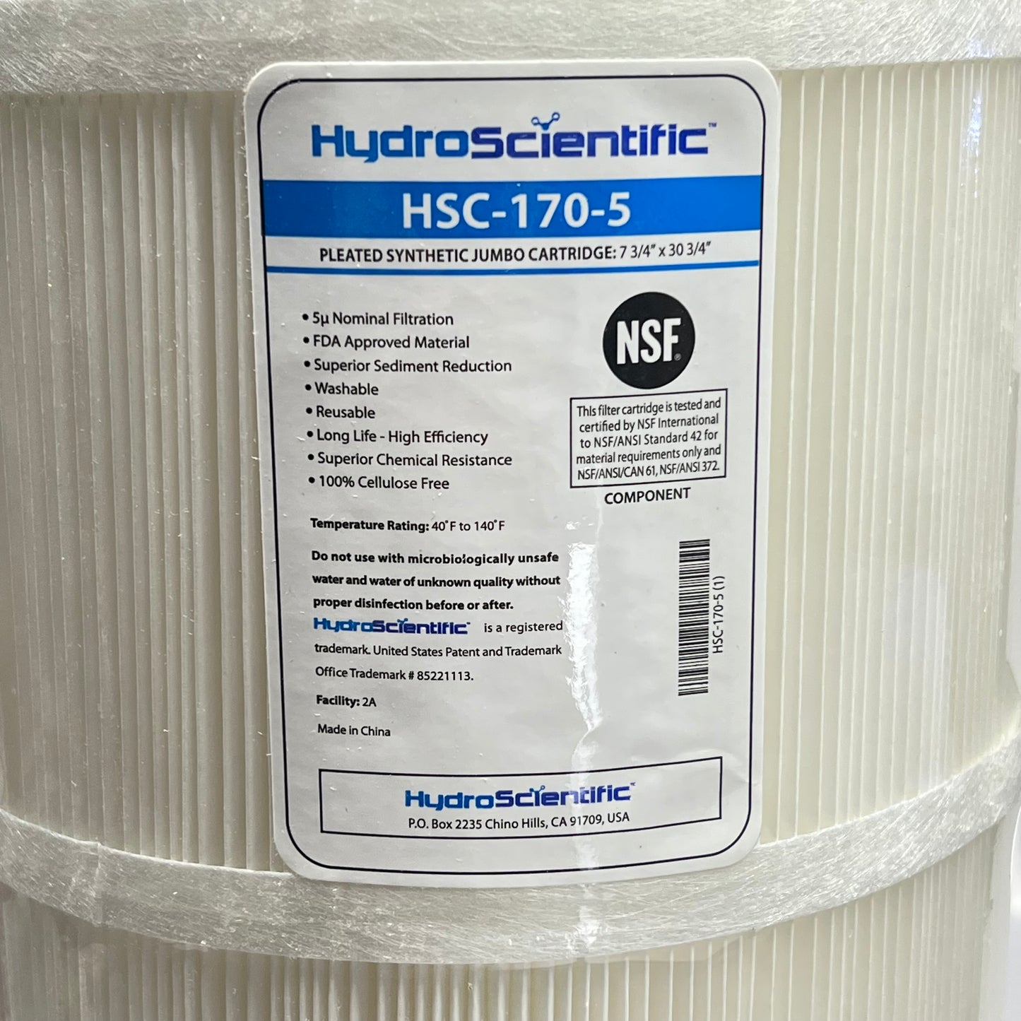 HYDROSCIENTIFIC High Flow Pleated Polyester Cartridge 7 3/4"x30 3/4" 5M HSC-170