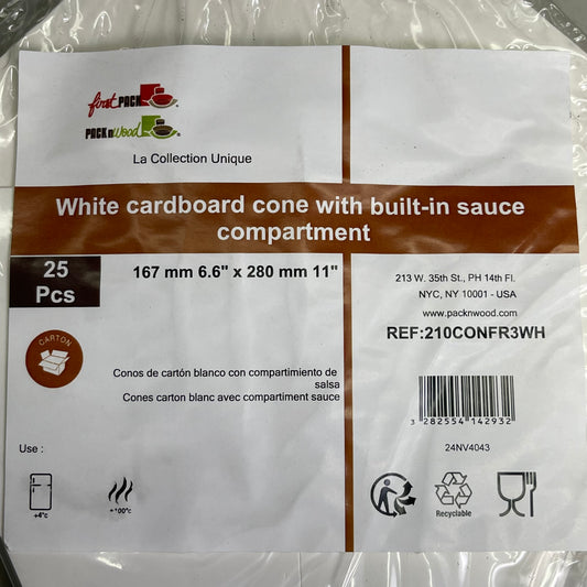 PACKNWOOD (25-PACK) White Cardboard Cones Built-in Sauce Compartment 210CONFR3WH
