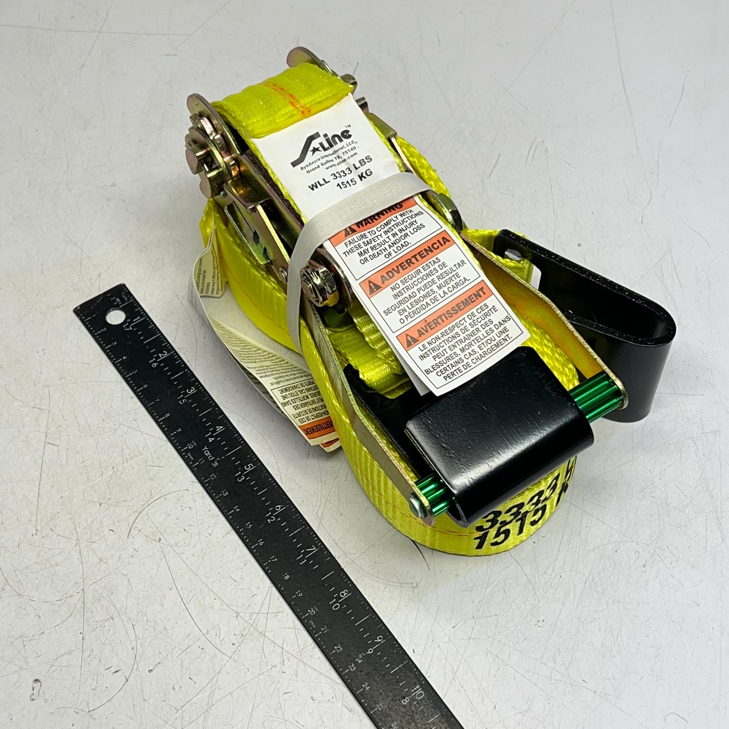 ANCRA Ratchet Strap W/ Flat Hook Latex Coated 2"x27' - 3,333 lbs Cap Yellow 557