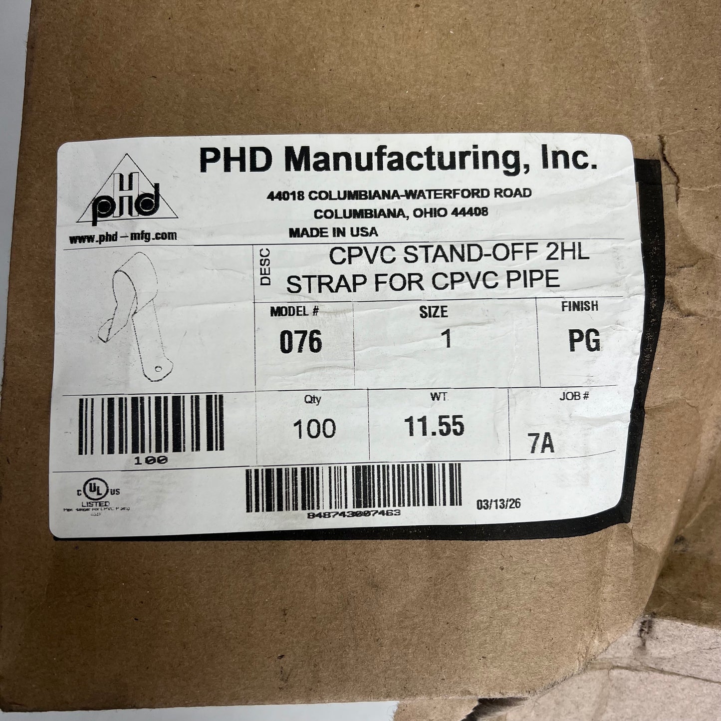 PHD MANUFACTURING (100 PACK) Carbon Steel Cpvc 2-hole Stand Off Strap 1" 076