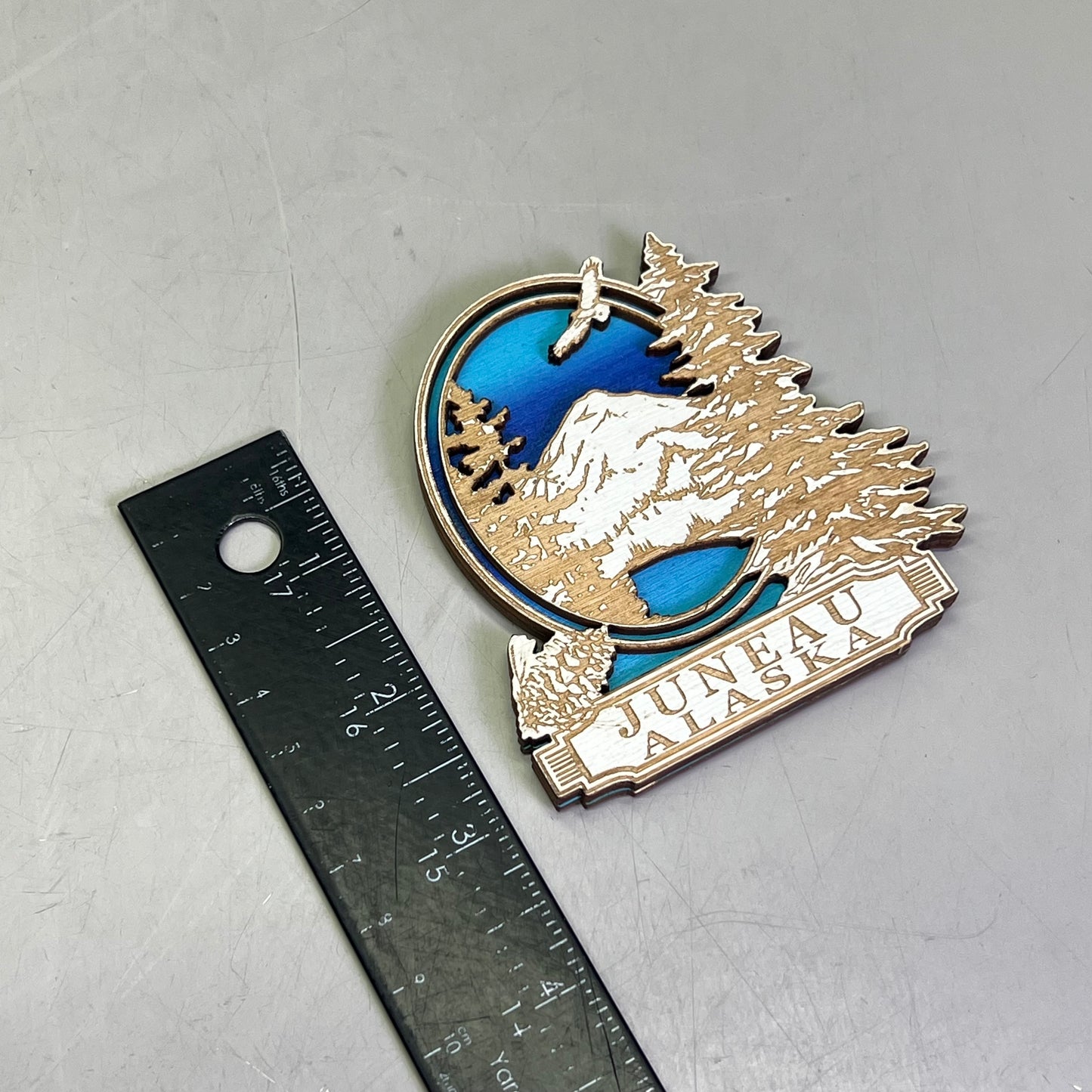 (2 PACK) Eagle in Mountains Laser Cut Wood Magnet Souvenir JUNEAU,AK Made In USA