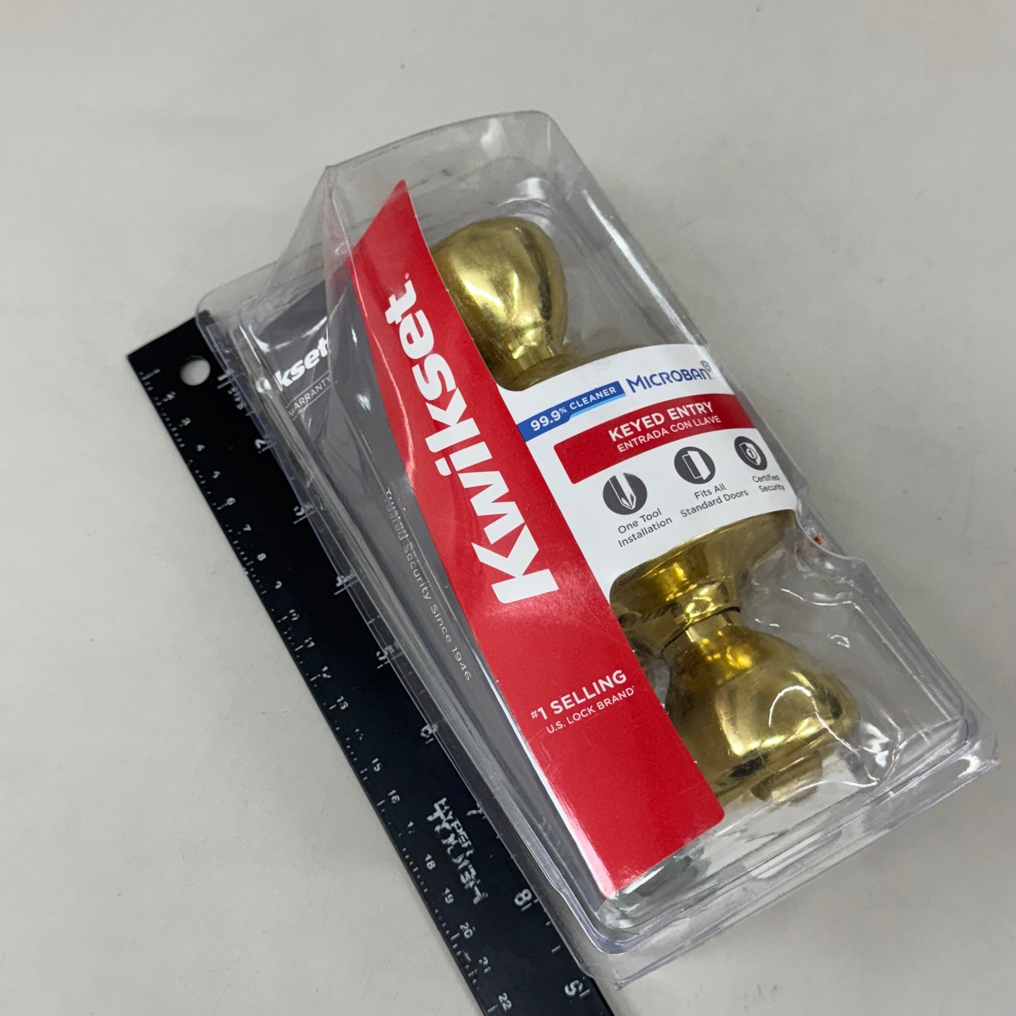 KWIKSET Door Knob W/ Lock & Key for Front Entrance 4.5"x3.2"x9" Polished Brass (New Other) 94002-628