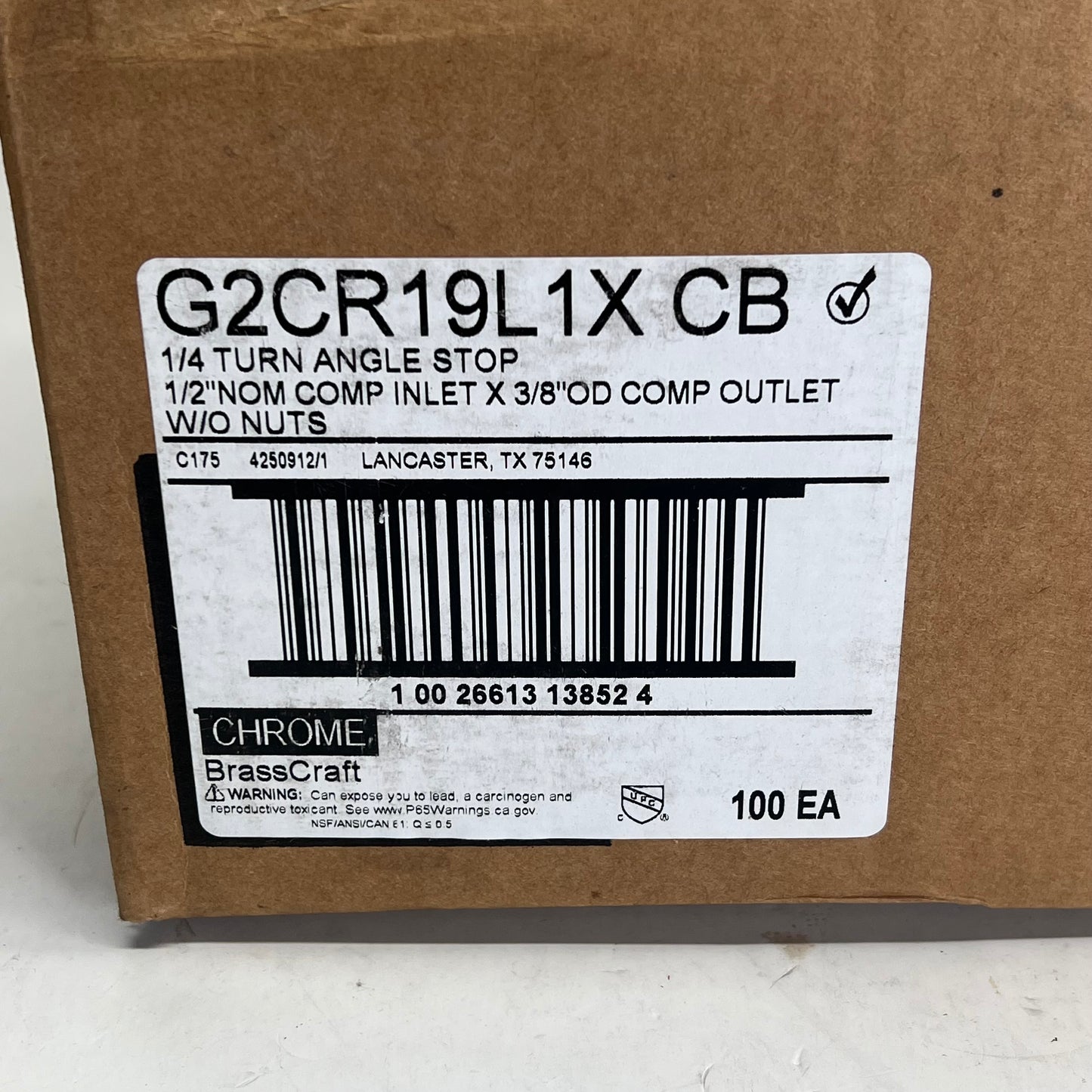 BRASS CRAFT (100 PACK) Angle Stop Valve For Control Water Flow G2CR19L |1X CB