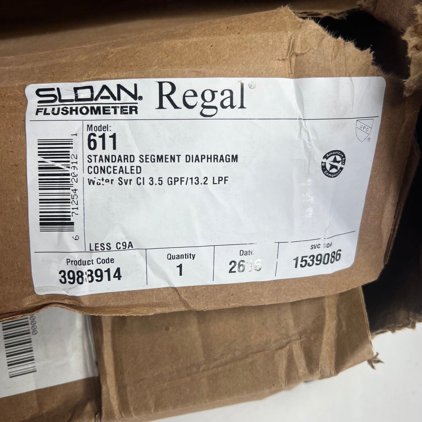 SLOAN Segment Diaphragm Concealed Water Svr Ci3.5 GPF/13.2 LPF Brass 3988914