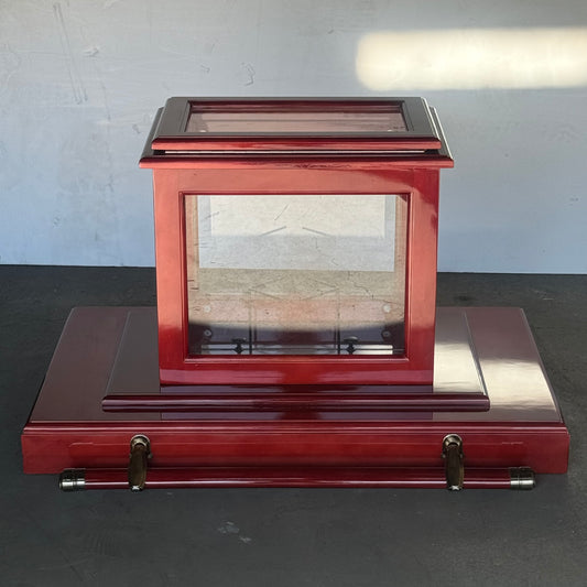 Commemorative Urn Carrier Sz 37” L x 23 1/2” H x 24” W Wood and Glass, Red