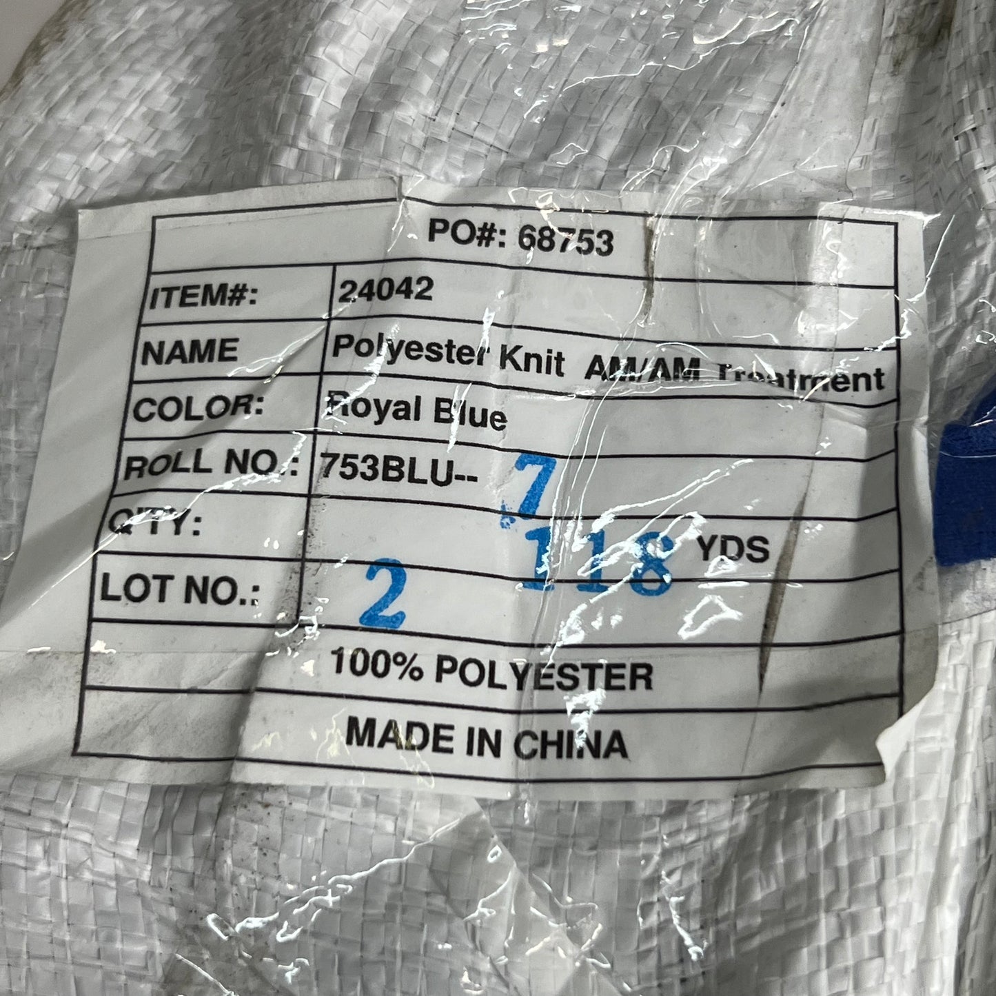 Polyester Knit AM/AM Treatment 60" W x 118 yards L Royal Blue (NEW)