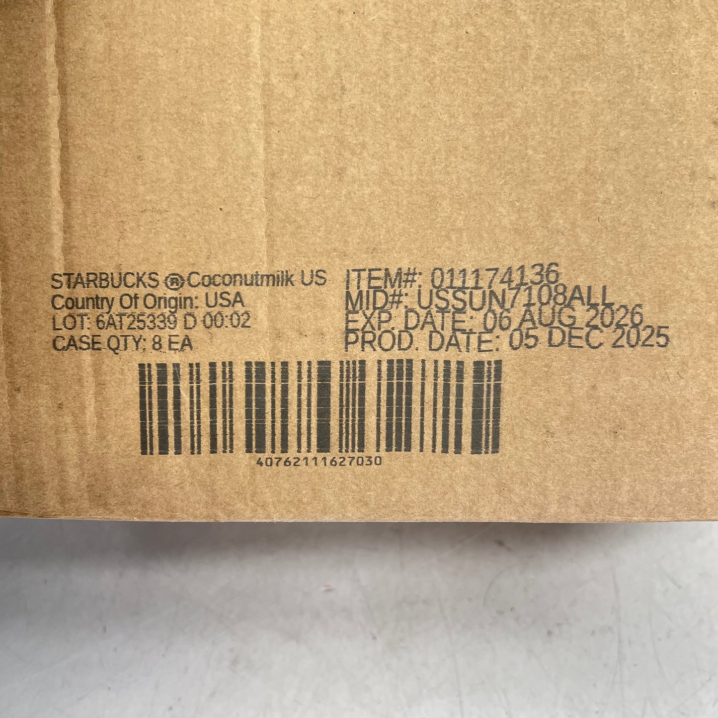 ZA@ STARBUCKS (8 PACK) Coconut Milk Beverage From Concentrate 64 fl oz BB 08/26