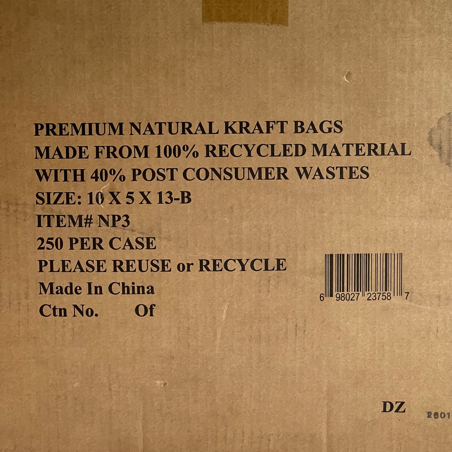 ZA@ (250 PACK) Premium Natural Kraft Bags Sz 10" x 5" x 13"