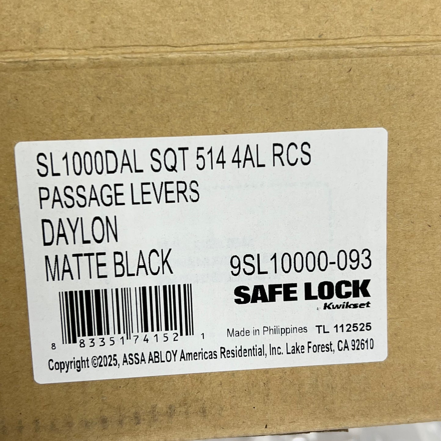 KWIKSET Safe Lock Daylon Passage Adjustable Backset Matte Black 9SL10000-093