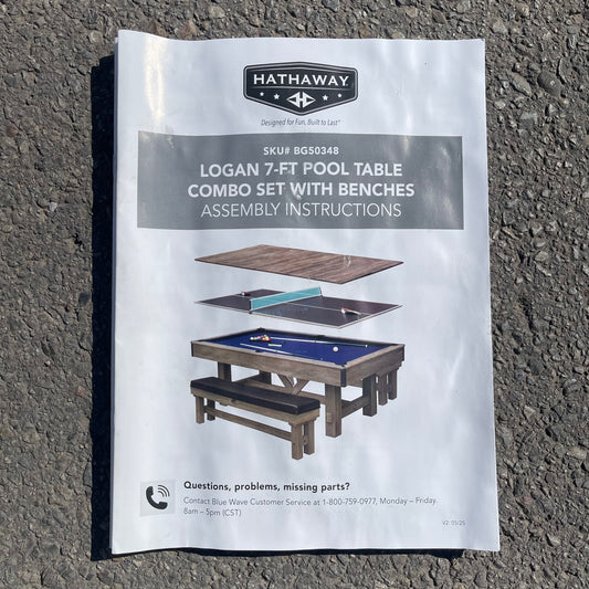ZA@ HATHAWAY LOGAN 7-ft Pool Table Combo Set w/ Benches, Rustic Gray w/ Blue Felt BG50348 (AS-IS, damaged felt)