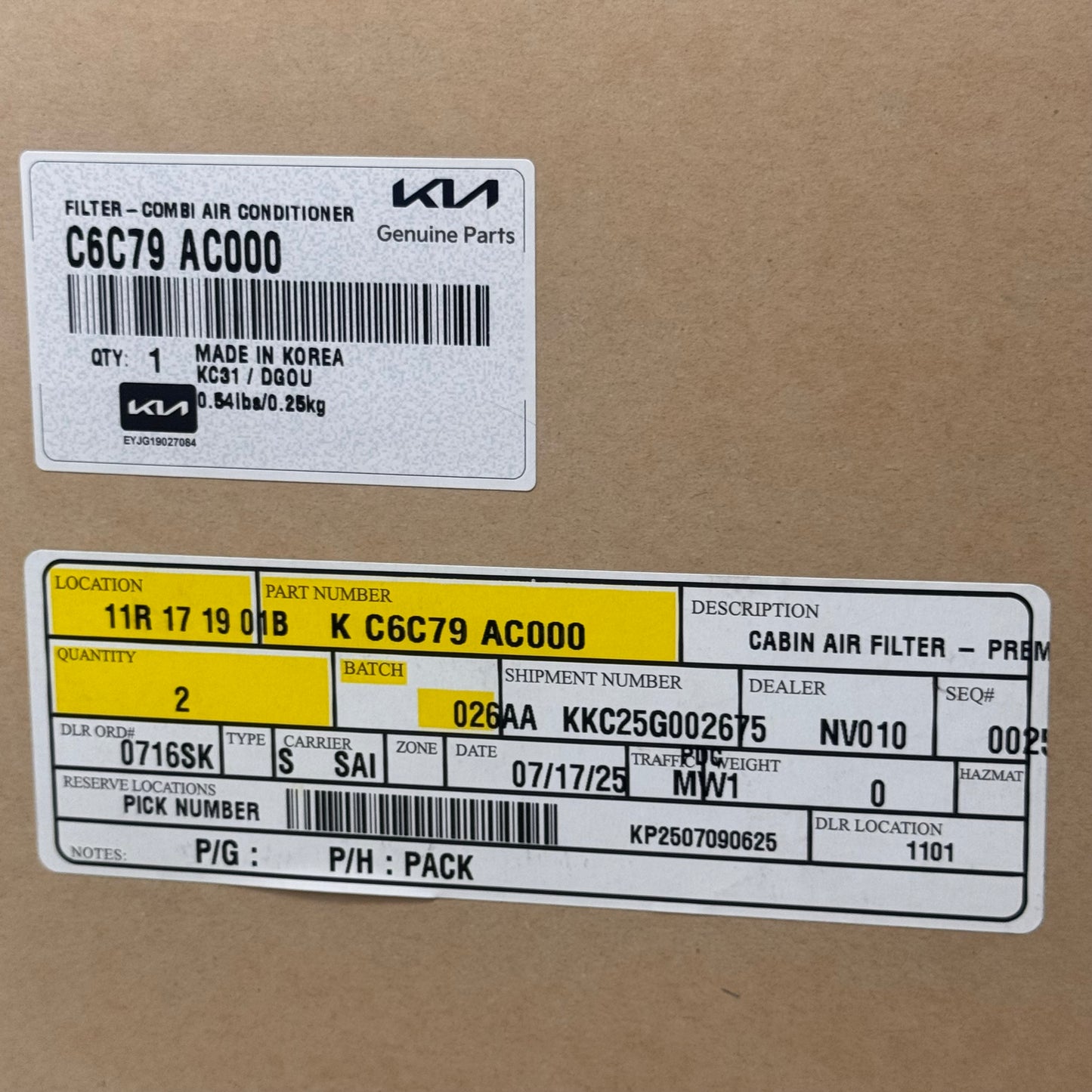 KIA Cabin Air Filter Genuine Parts 2016-2020 Kia Sorento C6C79AC000