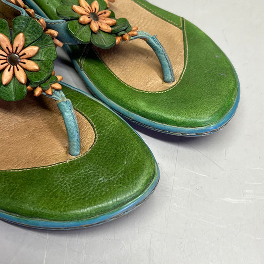 BORN Leather Beaded Flower Sandal W/ Heel Women's Sz 12 Green/Blue (Used)