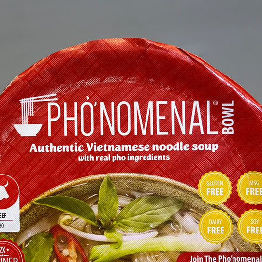 ZA@ PHO NOMENAL (9 PACK) Authentic Vietnamese Beef Noodle Soup Bowl 2.47 Oz BB 08/26 (D|istressed Packaging)