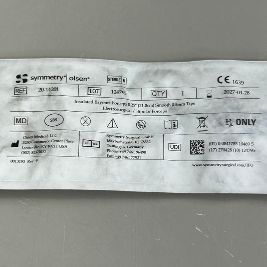 SYMMETRY OLSEN Insulated Bayonet Smooth Tip Forcep 8.25" Blue 20-1420I