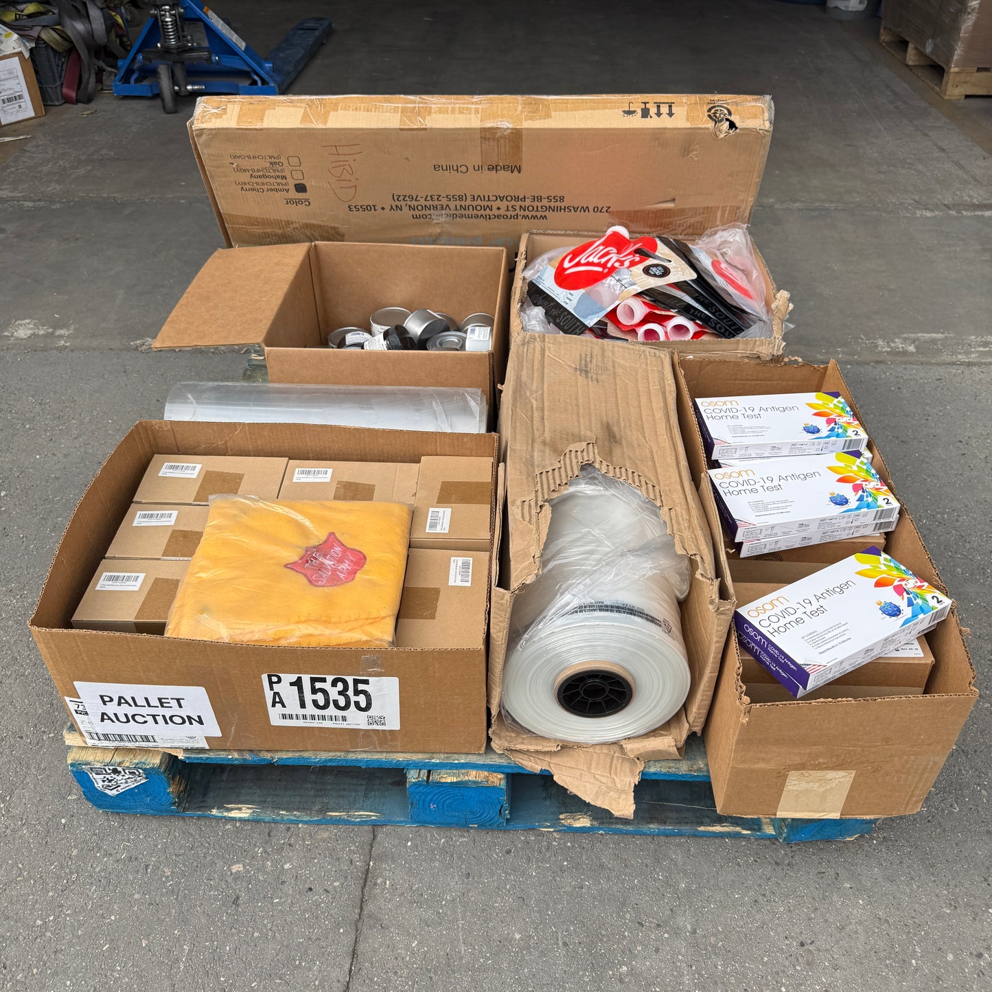 ZA@ Pallet of Plastic Bags, Chafing Dish Fuel, Expired Covid Tests, Table Top, Salvation Army Blanket & MORE! (AS-IS)